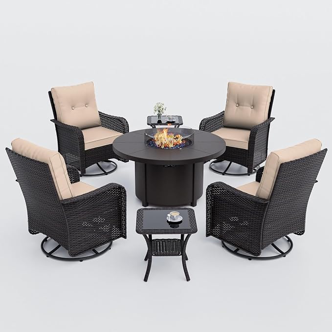 Outdoor Swivel Rocking Chairs Set 7 Piece Patio Furniture Set with 40,000 BTU Round Fire Pit Side Table for Poolside Deck Backyard Garden