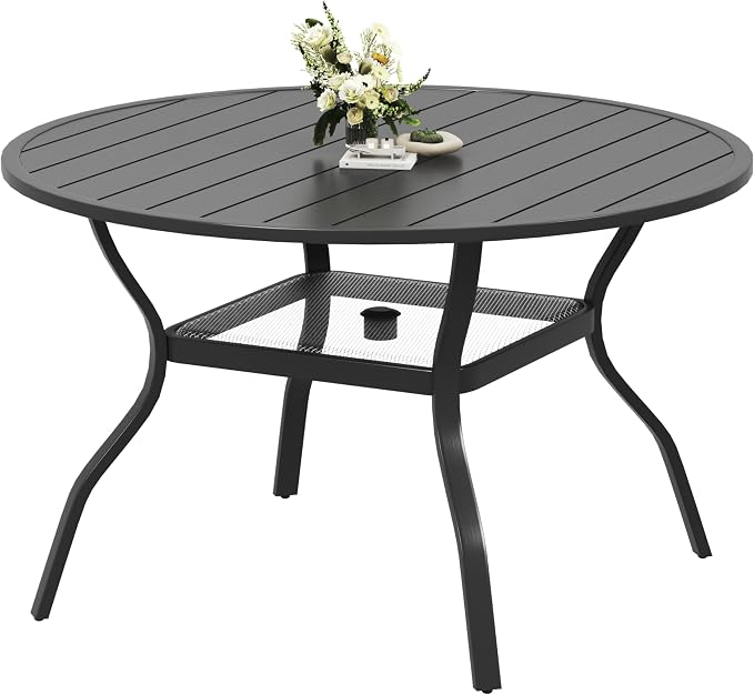 HOMREST 48" Outdoor Round Patio Table for Lawn Garden, All Weather Metal Round Patio Dining Table with Adjustable Umbrella Hole, 6 Person Patio Table, Black Tabletop