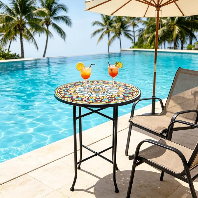Mosaic Outdoor Side Table Small Round Patio Table Plant Stand | 21" Accent End Table with 14" Ceramic Tile Top for Small Spaces Porch Pool Garden Decor Indoor Living Room Bedroom Balcony