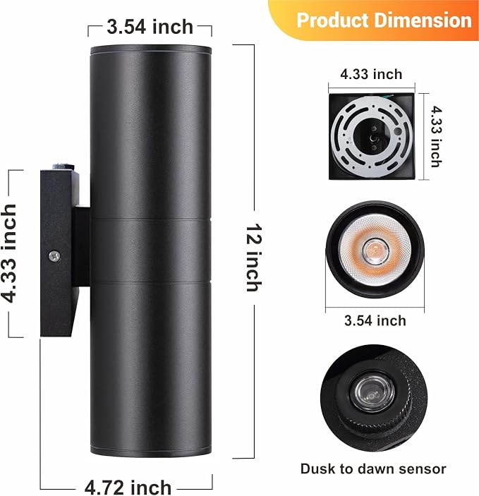 DAKAFUL Dusk to Dawn Outdoor Lighting Sensor Wall Lights 4Pack, 12W 2700K Integrated LED Cylinder Up Down Lights Outdoor, IP65 Waterproof Aluminum Wall Sconce Exterior Wall Light for Porch Patio etc.
