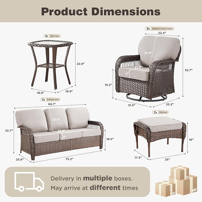 Belord Luxury Patio Furniture Set with 5-inch Thick Cushion, Outdoor Couch,Ottoman and High Back Swivel Rocker Patio Chairs, 8PCS Wicker Conversation Set for Deck Yard and Poolside,Beige