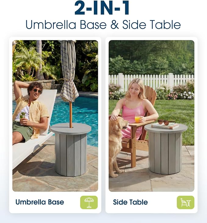 wikiwiki 2-in-1 70Lbs Patio Umbrella Base & Outdoor Side Table with Hole, HDPE Woodgrain Small Outdoor Table Fits 1.5-1.9in Pole for Patio, Deck, Poolside & Garden Use, Gray