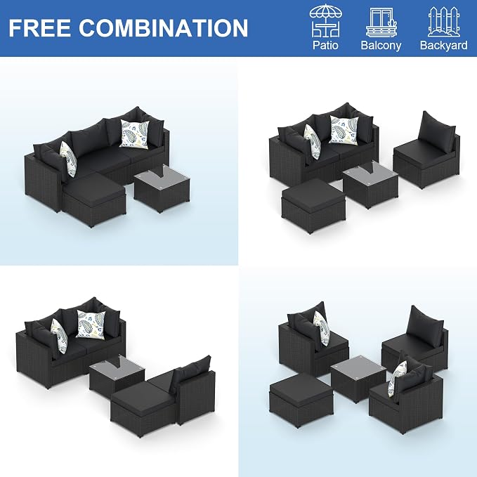 Patio Furniture Set, 5PCS Patio Sectional with Ottoman Wicker Rattan Outdoor Furniture with Thickened Cushion Modular Wicker Patio Conversation Set with Glass Top Table for Balcony(Black)