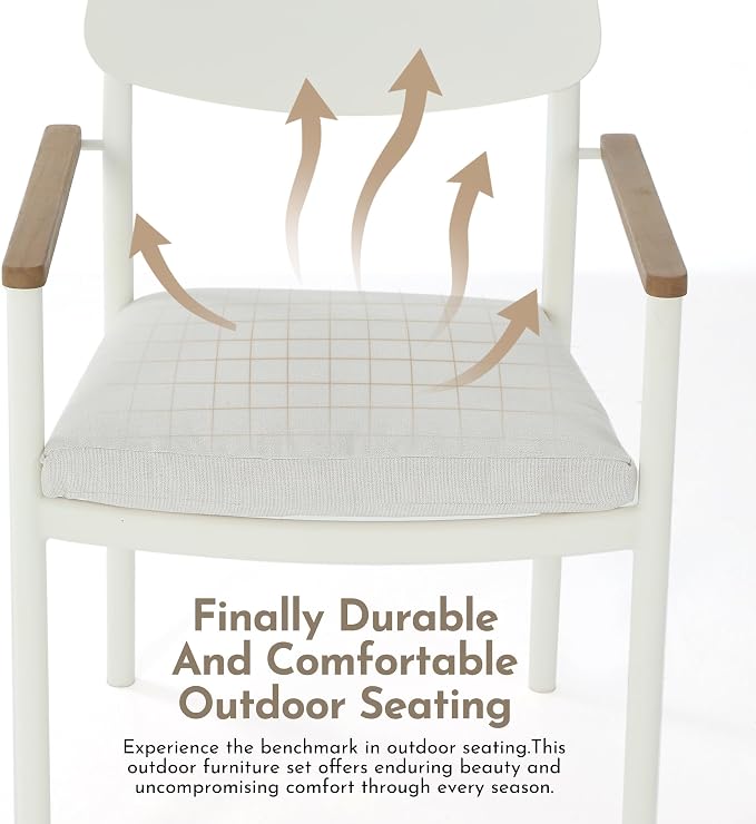 Modern Shade Lusso Outdoor Dining Chairs Set of 4, Fade Resistant, All-Aluminum Outdoor Chairs with FSC Teak Wood Armrests, Weather-Resistant Patio Chair with Quick Dry Cushion, White