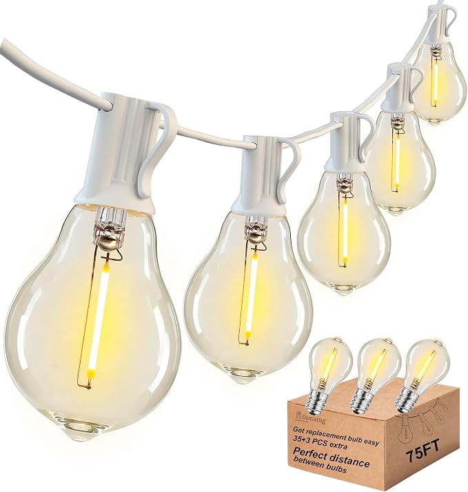 White Outdoor String Lights 75FT Waterproof Lighting for Patio Wedding Yard | 2FT Bulbs Apart White Cord, 75FT Connectable Outdoor Lights with 38 Shatterproof Dimmable LED Bulbs for Garden Bistro Balcony