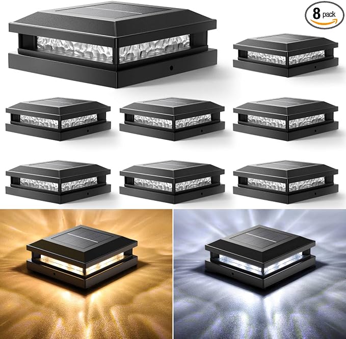 8-Pack Solar Post Lights, 2-Colors Mode 16LEDs Outdoor Decorative Post Cap Lights, Waterproof Solar-Powered Fence Posts Light, Fit 4x4, 5x5 Vinyl/Wooden Posts in Garden Yard Porch Deck, Black