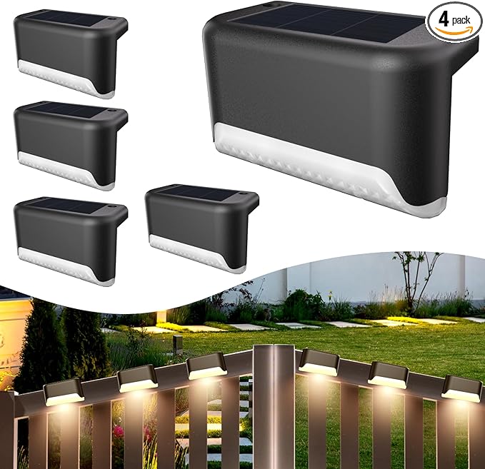 BKBB PPBB Solar Deck Lights Outdoor, 4Pcs Solar Step Lights, Waterproof LED Solar Lights for Outdoor Stairs, Step, Fence, Yard, Patio, Railing, Garden and Pathway