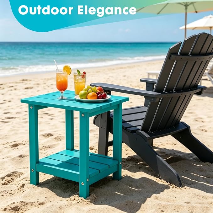Outdoor 2-Tier Square Side Table, Adirondack Weather Resistant Patio End Table, Low Maintenance HDPE Accent Table for Backyard, Pool, Porch, Deck, Turquoise