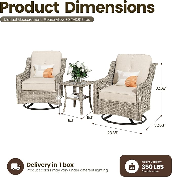 3 Piece Patio Furniture Set, Outdoor High Back Swivel Rocker Chairs Set of 2 with Side Table, All Weather Wicker Glider Chair with Thick Cushions for Backyard Balcony Porch, Beige