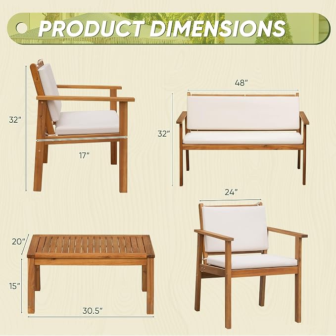 Flamaker Patio Furniture 4 Piece Outdoor Acacia Wood Patio Conversation Sofa Set with Table & Cushions Porch Furniture for Deck, Balcony, Backyard