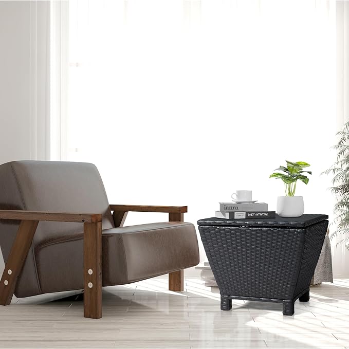 Outdoor PE Wicker Side Table with Storage, Small Patio Storage Bin Container for Hose Cushion Towel (Black)