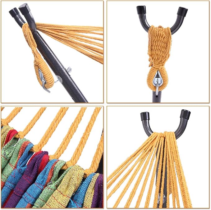Portable Outdoor Hammock with Stand, Heavy Duty Steel Frame and Carrying Bag, Multi-Color Striped Polyester Fabric Hammock for Patio, Garden, Backyard & Camping, 250lbs Capacity