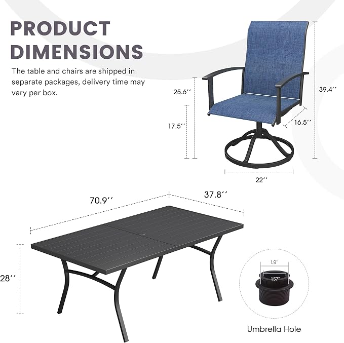 9 Pieces Outdoor Patio Dining Set, 70.9" All Weather Rectangle Metal Table with Umbrella Hole and 8 High Back Textilene Swivel Chairs for Garden, Lawn, Poolside, Black Table&Blue Chairs