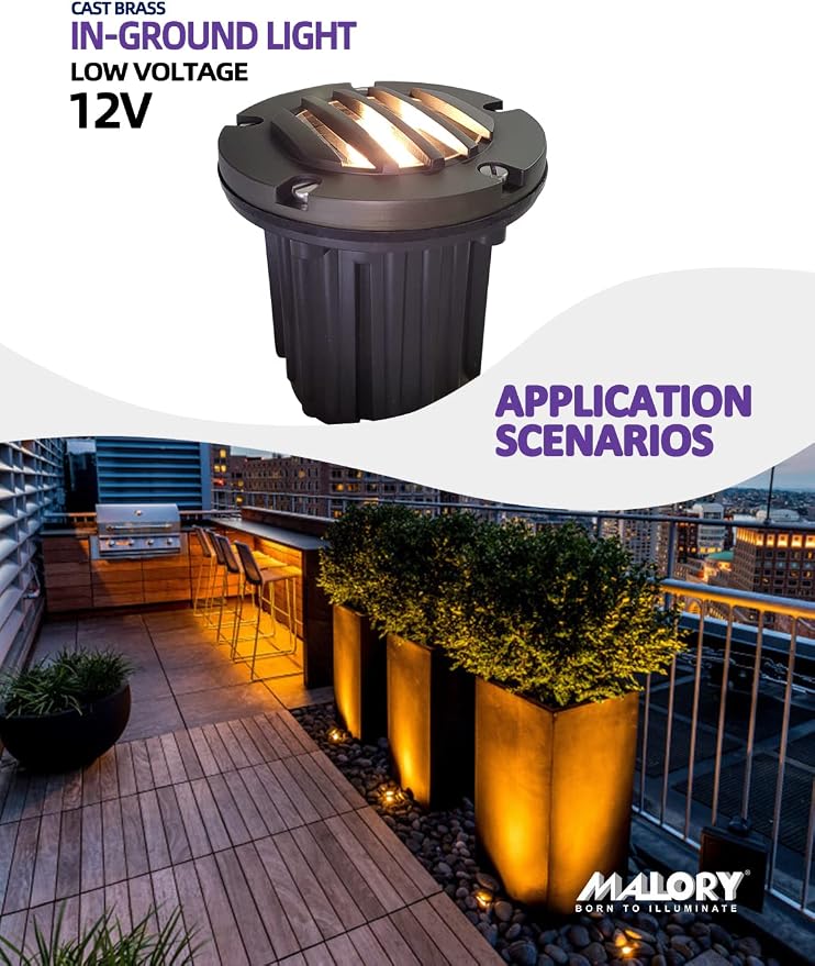 MALORY Low Voltage Landscape Lighting,(φ126 mm) Brass Top Cover Outdoor In Ground Lights, 12V Landscape Well Ground Lights for Pathway, Driveway and Garden (Grated Top, 1-Pack with Bulb)