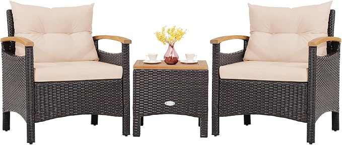 Tangkula 3-Piece Patio Furniture Set, Patiojoy Outdoor Rattan Sofa Set with Coffee Table, Patio Conversation Set with Removable Cushion, Cozy Acacia Wood Armrests for Backyard, Poolside (Beige)