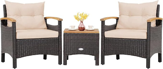 Tangkula 3-Piece Patio Furniture Set, Patiojoy Outdoor Rattan Sofa Set with Coffee Table, Patio Conversation Set with Removable Cushion, Cozy Acacia Wood Armrests for Backyard, Poolside (Beige)