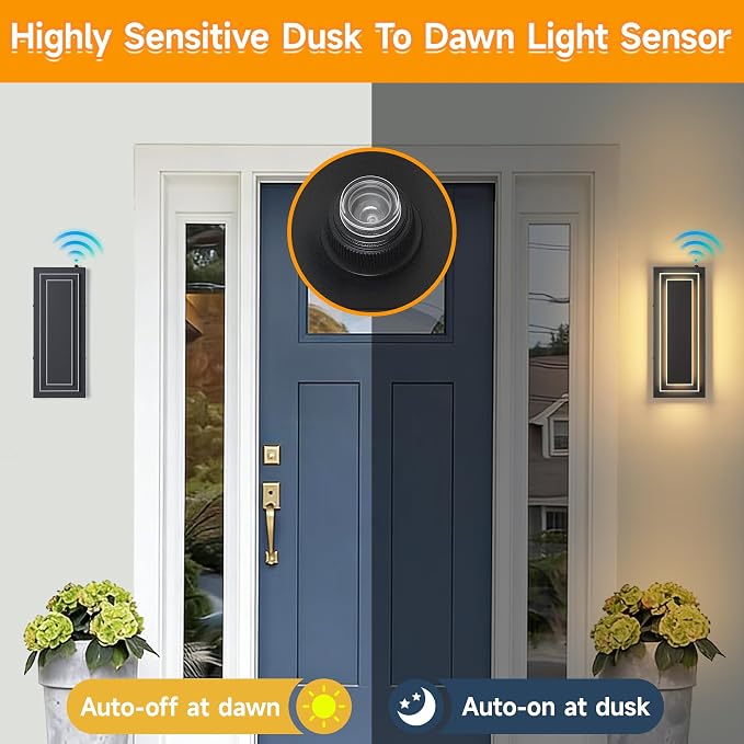 Dusk to Dawn Outdoor Wall Light,Exterior Light Fixtures 15.7 in,24W | 2-Tier Black Modern Outside Lights For House,Porch,Garage,Front Door,Patio With 3000K Warm White LEDs,Waterproof, 1 Pack