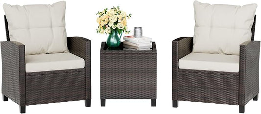 Vongrasig 3 Piece Patio Furniture Set Small Outdoor Wicker Rattan Front Porch Bistro Set Cushioned Patio Chairs Conversation Set with Glass Table for Lawn, Garden, Backyard, Balcony, Poolside (Beige)