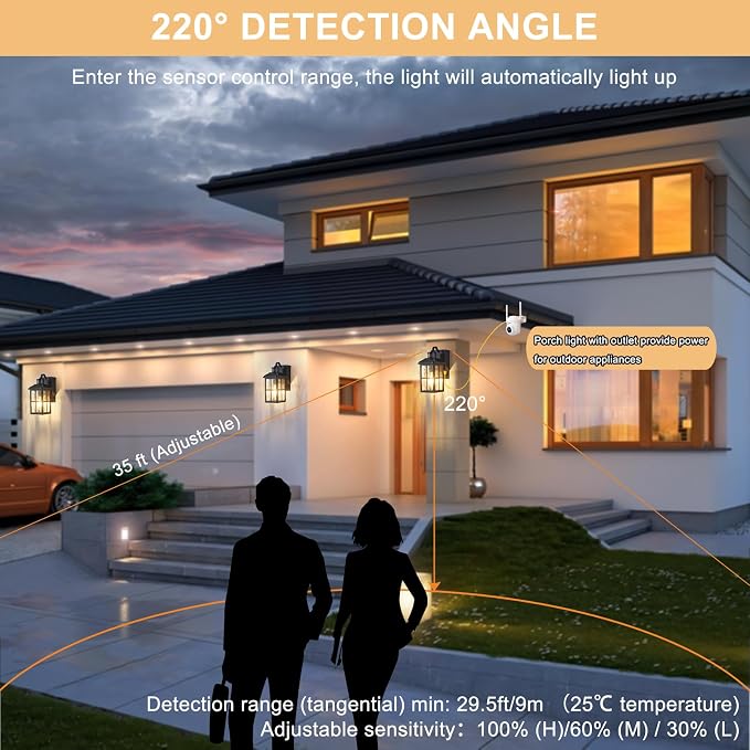 Porch Lights with GFCI Outlet with Remote | Dusk to Dawn Motion Sensor Outdoor Light, Upgraded 4 Lighting Modes Exterior Fixture Outside Lights for House Patio Garage