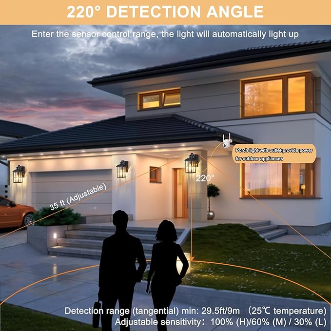 Porch Lights with GFCI Outlet with Remote | Dusk to Dawn Motion Sensor Outdoor Light, Upgraded 4 Lighting Modes Exterior Fixture Outside Lights for House Patio Garage