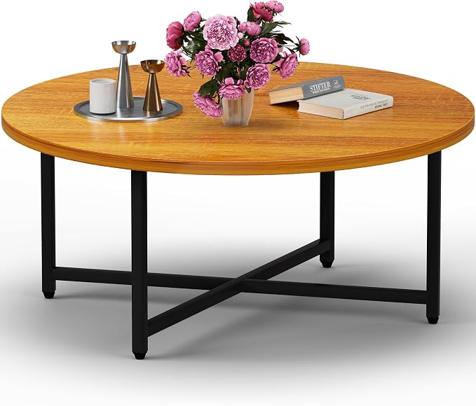FAMIDGE Coffee Table, 31.5" Large Round Coffee Table for Living Room, Center Tables for Family & Office Use, Outdoor Coffee Table Round, Oak Brown(31.5" D x 17.7" H)