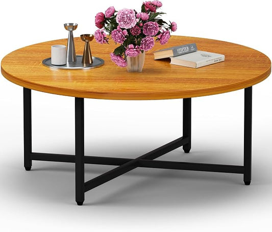 FAMIDGE Coffee Table, 31.5" Large Round Coffee Table for Living Room, Center Tables for Family & Office Use, Outdoor Coffee Table Round, Oak Brown(31.5" D x 17.7" H)