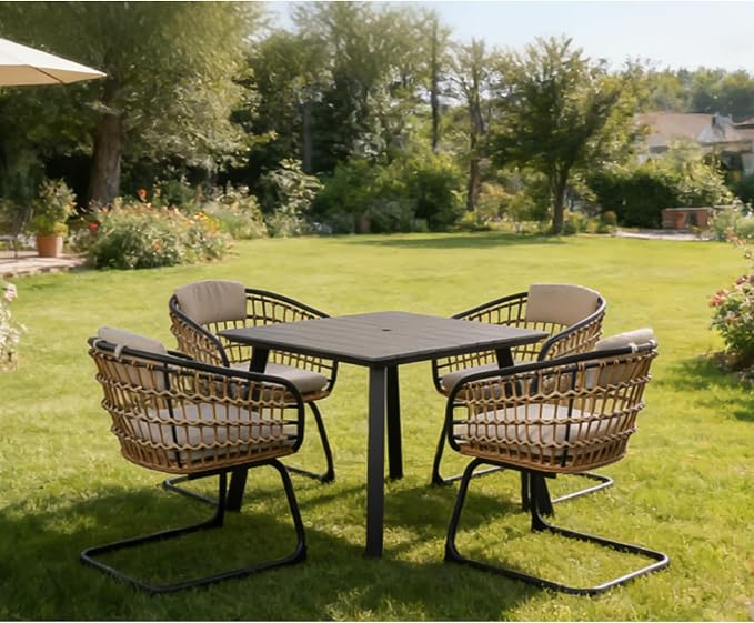 Square Dining Table with Umbrella Hole, Iron Frame and Wood-Plastic Composite Tabletop