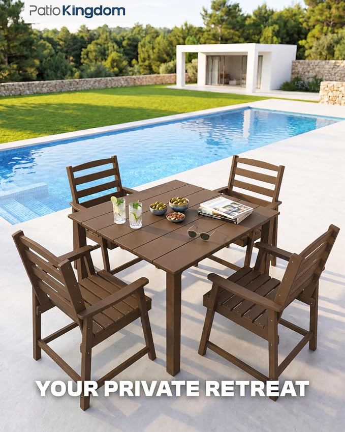 HDPE Outdoor Dining Set for 4, Square Table and Chairs, Brown | All-Weather HDPE, Wood Grain Finish, 42.5" Square Table, Built-In Umbrella Hole, Seats 4, Patio & Poolside Ready
