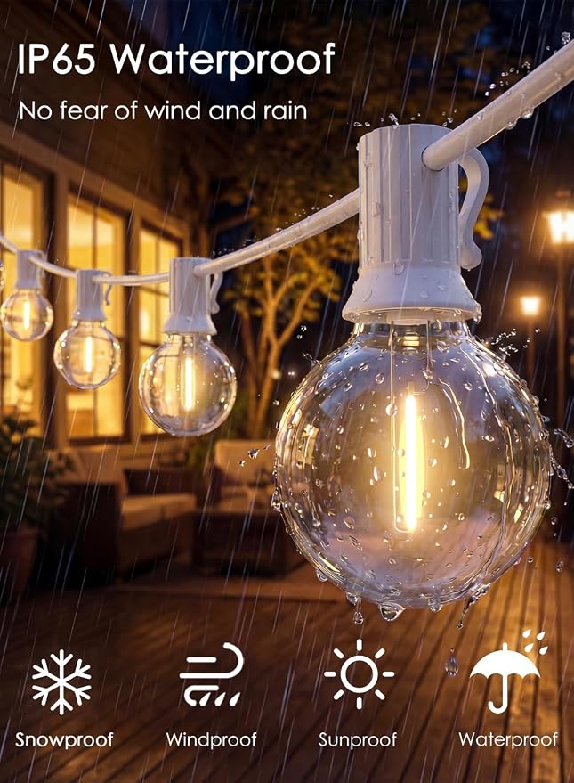 25FT G40 LED White Outdoor String Lights with 25 Plastic Shatterproof Bulbs | 2700K Warm White, IP65 Waterproof Hanging Connectable Globe Lights for Patio Garden Porch Pergola Bistro Decor, White Wire