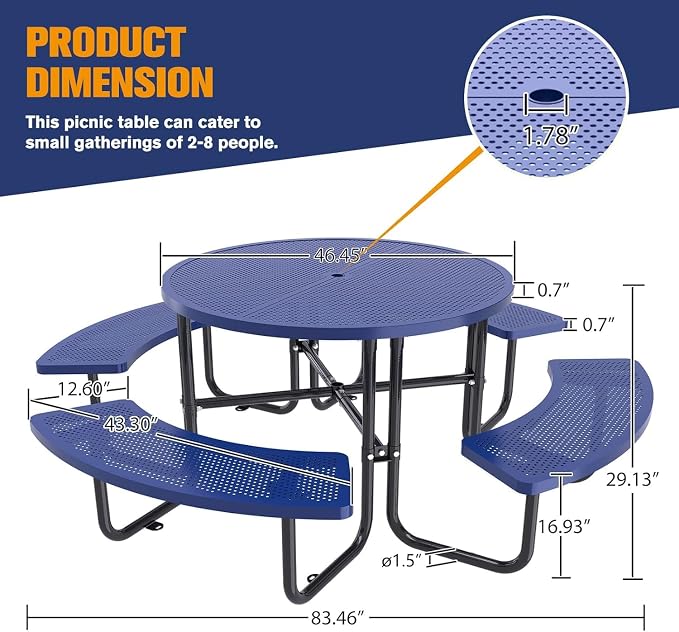 46'' Round Outdoor Metal Picnic Table Expanded,Lifetime Steel Picnic Table with Umbrella Hole,Heavy Duty Sturdy Commercial for Patio, Backyard, Garden (Includes 4 Built-in Benches) Blue