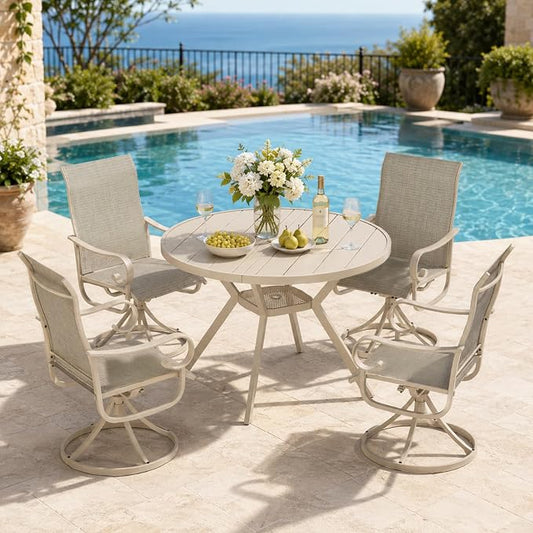 5 Piece Patio Dining Set for 4 Swivel Chairs and 42” Round Metal Table with Umbrella Hole, All Weather Patio Dining Furniture Set for Deck Lawn Backyard, Sandshell