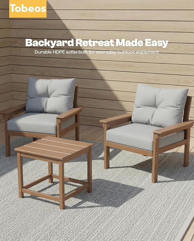 HDPE 4 Piece Patio Furniture Set, All-Weather Outdoor Couch with Thick Cushions & Coffee Table, Patio Conversation Sets for Lawn, Garden, Porch, Balcony, Deck, Poolside,Teak Frame Grey Cushion