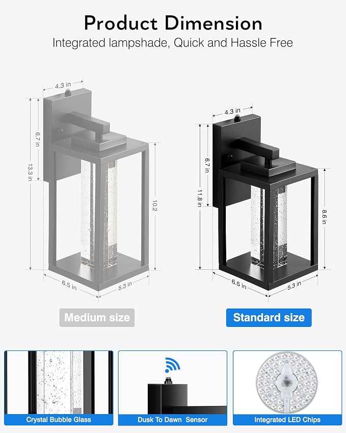 VIANIS Black Exterior Lighting Fixtures Wall Mount for House, 2 Pack Dusk to Dawn Outdoor Porch Light with Integrated 10W LED Light Source Crystal Bubble Glass, Anti-Rust Exterior Wall Sconce Lantern