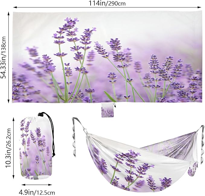 Lavender Flowers Camping Hammock, Portable Lightweight Single Hammock with Tree Straps and Aluminum Carabiners, 114" x 54" Travel Hammock for Hiking Backpacking Beach