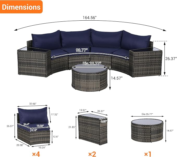KEIKI Outdoor Patio Furniture 7-Piece Half-Moon Curved Sectional Sofa Set, All-Weather Wicker Patio Conversation Set with Round Coffee Table and 2 Storage Armrests for Poolside Backyard, Dark Blue