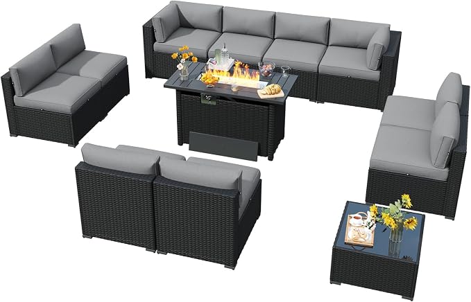 LazySunsets 12 Piece Outdoor Patio Furniture Set with 44'' Fire Pit Table, Outdoor Patio Furniture Sets with 4'' Thicken Cushion, Wicker Rattan Outdoor Conversation Set for Backyard, Light Grey