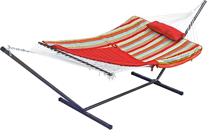 Hammock Combo with 12 Foot Stand, Rope Hammock, Pad and Pillow Piper Stripe