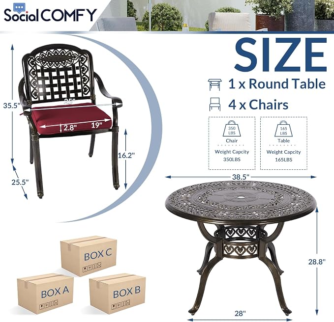 5-Piece Outdoor Patio Dining Set, All-Weather Cast Aluminum Furniture Conversation Set, Include 4 Cushioned Chairs and a 38.5” Round Table with Umbrella Hole for Balcony, Lawn, Red