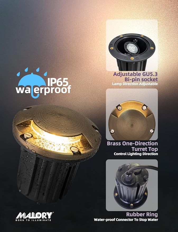 MALORY Low Voltage Landscape Well Lights,（φ126 mm 12V Brass Top Cover Outdoor In Ground Lights,Landscape Lighting for Pathway, Driveway and Garden (One-Direction Turret, 1-Pack with Bulb)