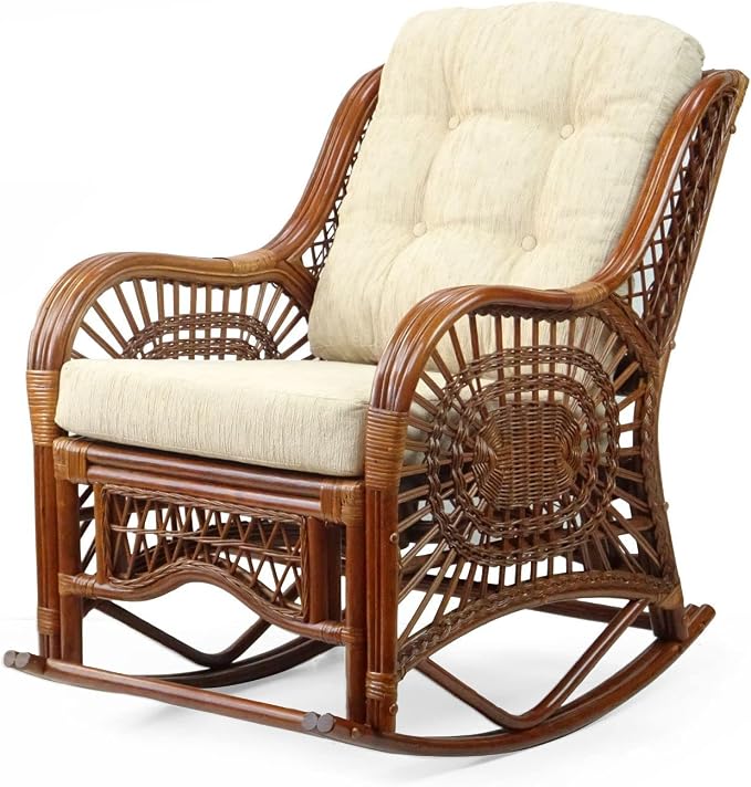 Malibu Handmade Natural Rattan Living Room Set of 2 Rocking Lounge Chairs and Round Coffee Table with Glass, Colonial Color, Cream Cushions
