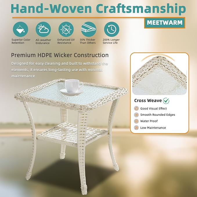 MEETWARM Wicker Outdoor Side Table, All-Weather Patio Rattan Side Table with Tempered Glass Top and Storage Shelf, Small Patio End Table for Outside Indoor Outdoor Balcony Porch Deck, Cream White