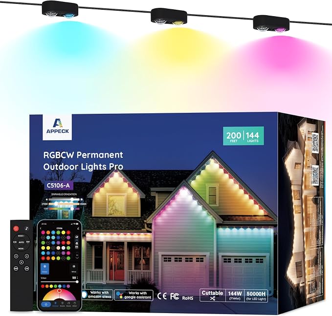 APPECK Permanent Outdoor Lights Pro, 200ft with 144 RGBCW Eaves Lights | Dual Lens, 144W, 80lm, Cuttable, IP67 Waterproof Lighting for Daily and Holiday Decor, Compatible with Alexa, Black