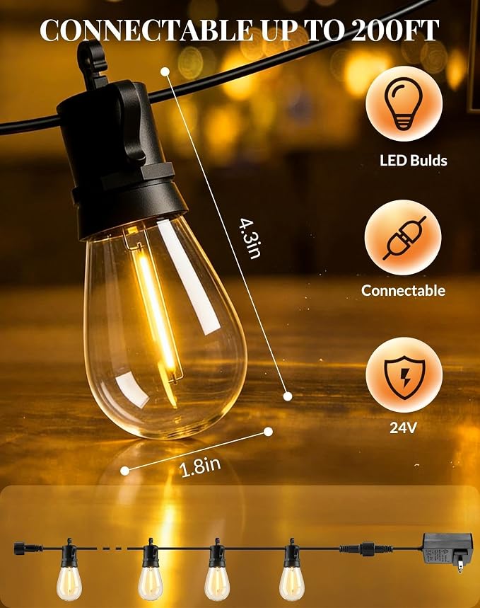 Outdoor String Lights Patio Light - 65Ft Outside Waterproof Dimmable Bulbs | S14 LED Remote Porch Light, Shatterproof Edison Bulbs Hanging Connectable Lighting for Gazebo Backyard Bistro Pergola, Timer