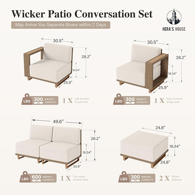 HERA'S HOUSE Patio Sectional Furniture Set, Modular Outdoor Conversation Sets with 5.3" Widened Armrest & 10" Thick Cushion, Low Profile Yellow Wicker Rattan Sofa with 2 Ottomans for Deck Yard Lawn