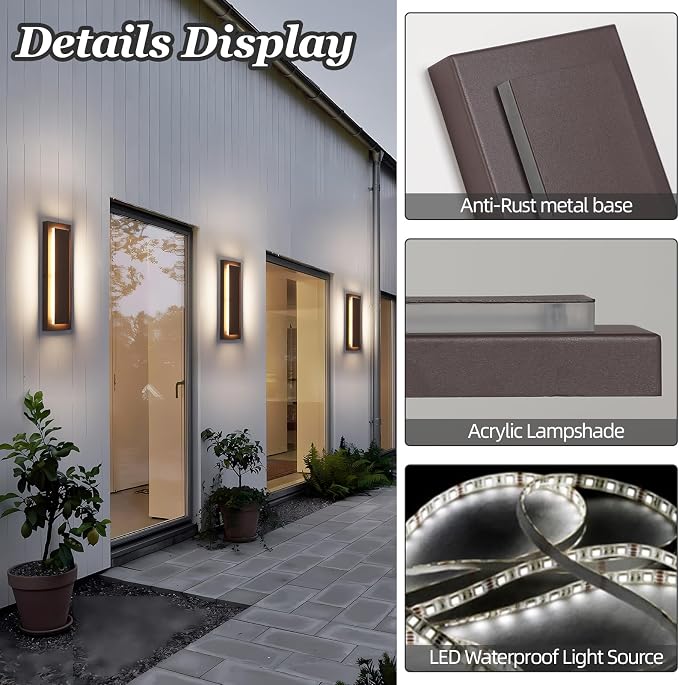 Brown Outdoor Wall Sconce,Exterior Lights Fixture,15.7 in,12 W | Waterproof Wall Lights for House,Porch,Patio, Modern Outdoor Wall Lighting,3000K Warm White LED Light Bead, 1 Pack