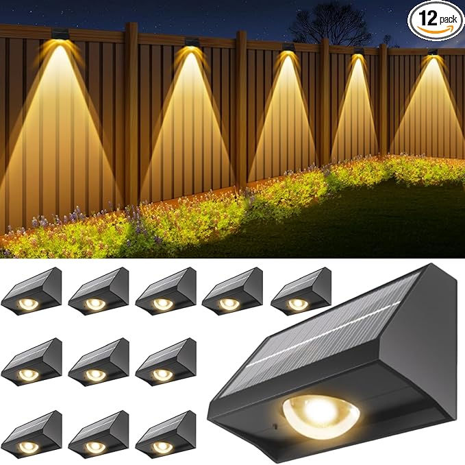 Solar Fence Lights Outdoor Waterproof High Brightness LED Spot Lens Deck Lights 7 Mode Warm & Cool White RGB Solar Powered Wall Light Decor for Christmas Outside Patio Step Backyard Rail - 12 Pack