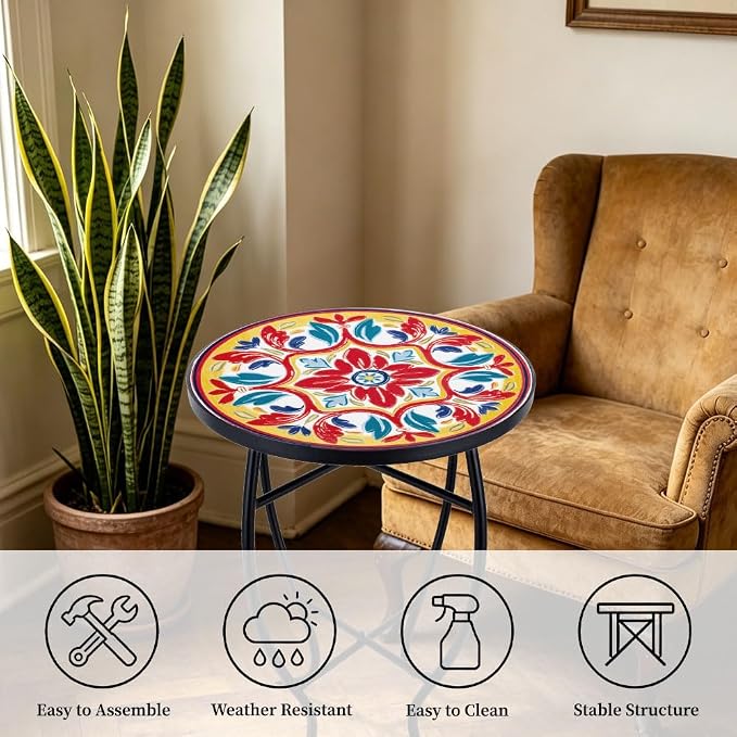 14 Inch Mosaic Patio Side Table with X-Curved Legs, Indoor Outdoor Accent Round End Table with Ceramic Tile Tops for Yard, Garden, Living Room, Bistro, C - Mediterranean Floral Pattern