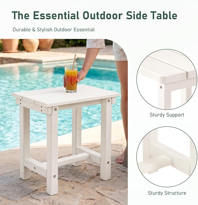Furnimart Adirondack 16.5" Square Outdoor Side Table, Extra-Thick HDPE Composite Weather-Resistant Small Patio Table, White Outdoor End Table for Garden Balcony Yard Deck Poolside(White)