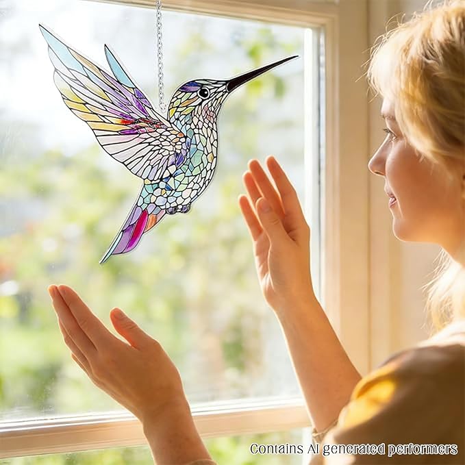 Hummingbirds Suncatcher Stained Glass, Hummingbird Suncatcher Ornament, Hummingbird Suncatcher for Grandma/Mom/Women (Colorful)