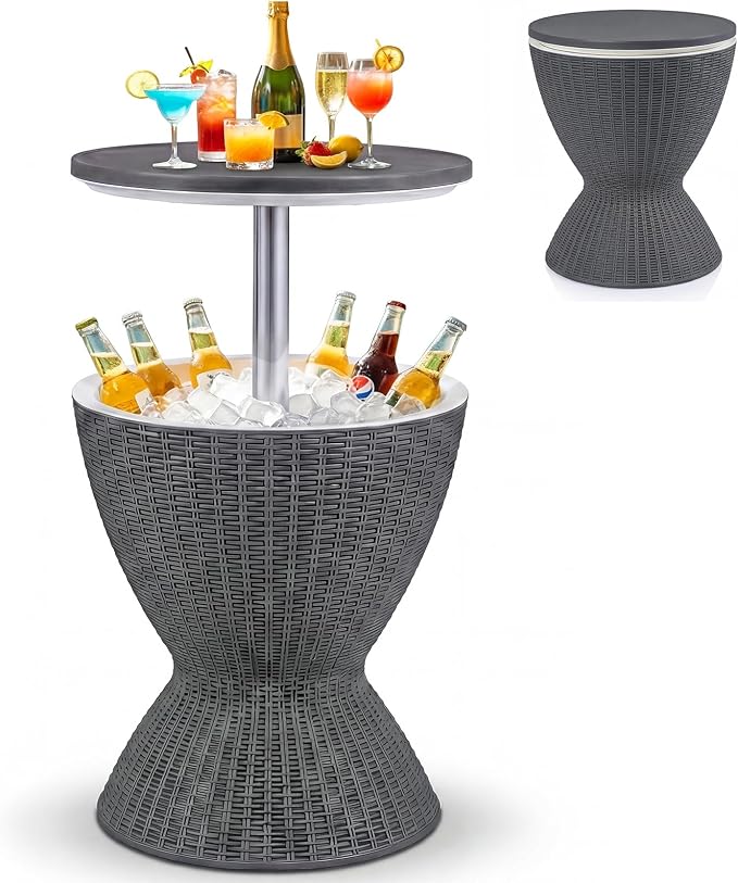 Outdoor Cooler Table, Adjustable Cool Bar with 8 Gal Ice Bucket, Drain Plug | 3-in-1 design, durable rattan-style finish, easy assembly, simple cleanup, stylish outdoor entertaining solution